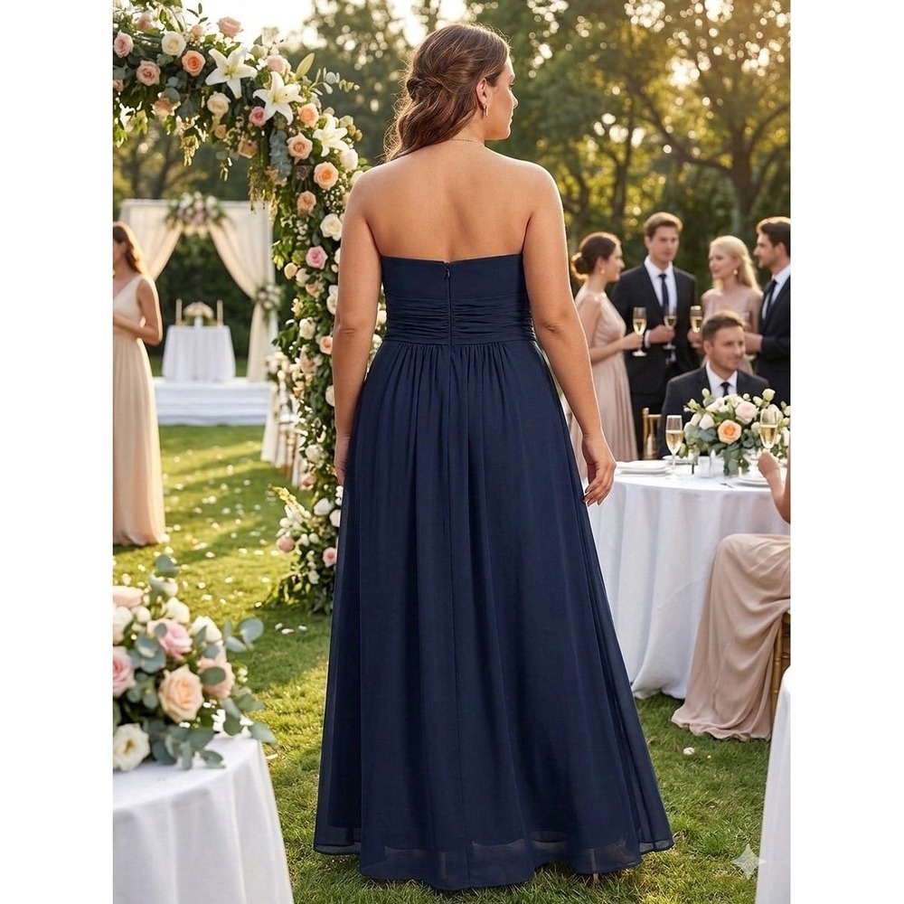 ALFRED ANGELO 14 Navy Strapless Chiffon Evng Gown Ruched Bodice & Floral Detail - Picture 7 of 9